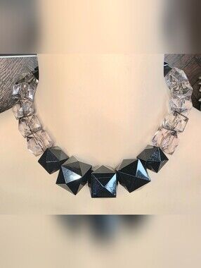 Bold Faceted Lucite Statement Necklace Black & Smoky Gray Geometric